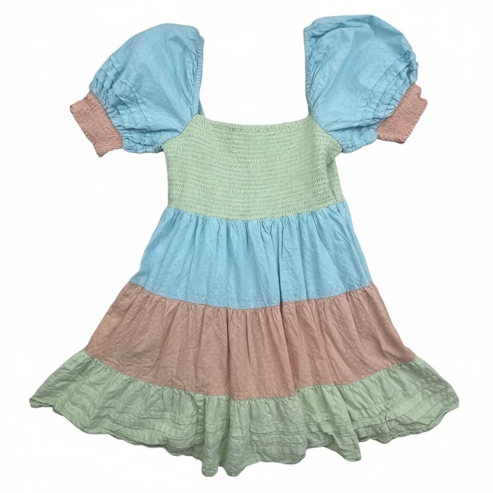 Roller Rabbit Colorblock Puff Sleeve Smocked Mini Dress Pastel Boho L